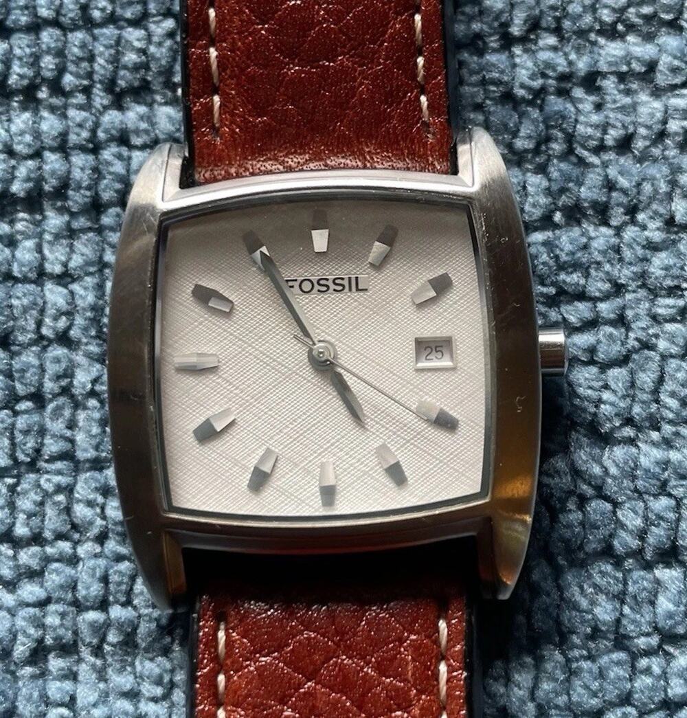 Fossil Square Quartz Analog Date Watch 50m WR Silver Dial Brown Leather Strap